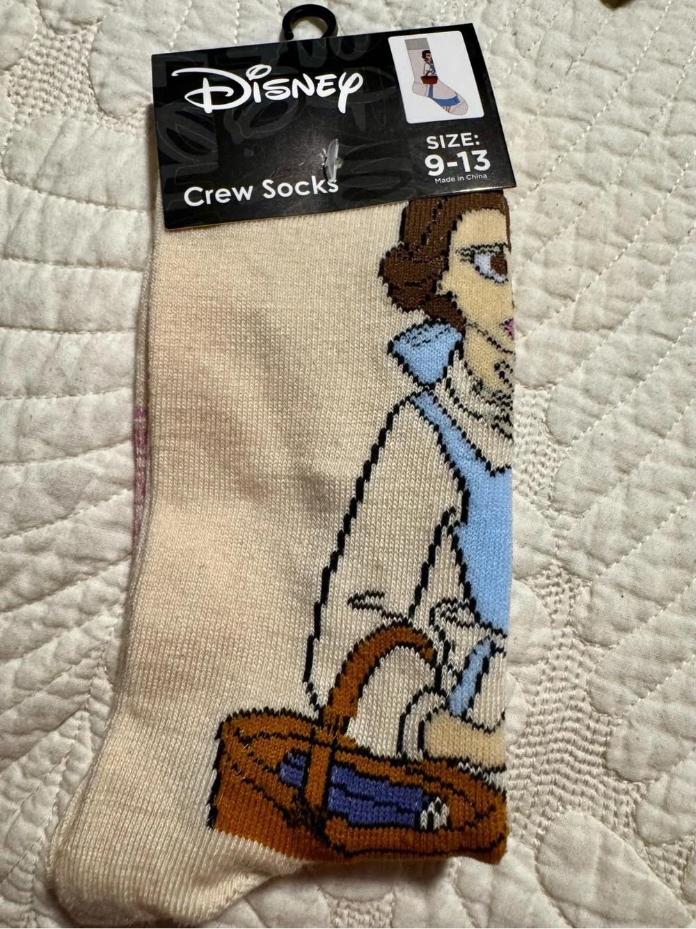 Disney Beige Crew Socks with Blue and Brown Character Accents